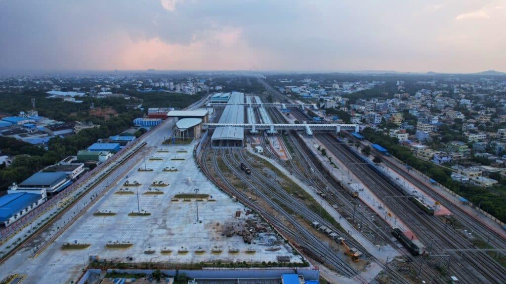 Exterior main facade of Charlapalli Railway Terminal (CHZ) designed by RR Architects & Associates, featuring contemporary public transport architecture in Telangana