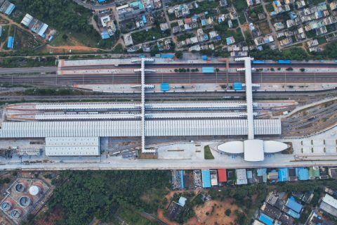 Front elevation architecture of Charlapalli Railway Terminal (CHZ) designed by RR Architects & Associates, showcasing contemporary public infrastructure design in Telangana